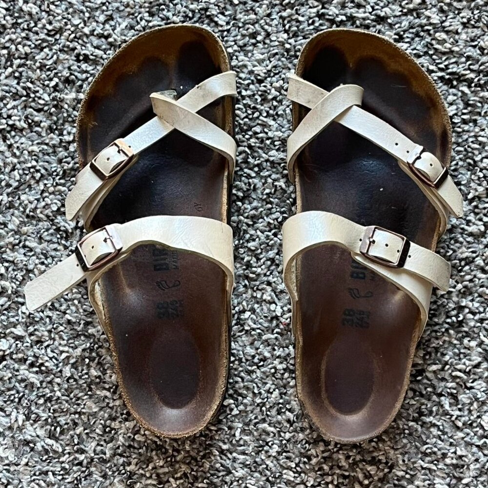 Birkenstock Arizona Sandals Women 7-7.5 (EU 38) Cream Slides Western Comfortable - Picture 1 of 6